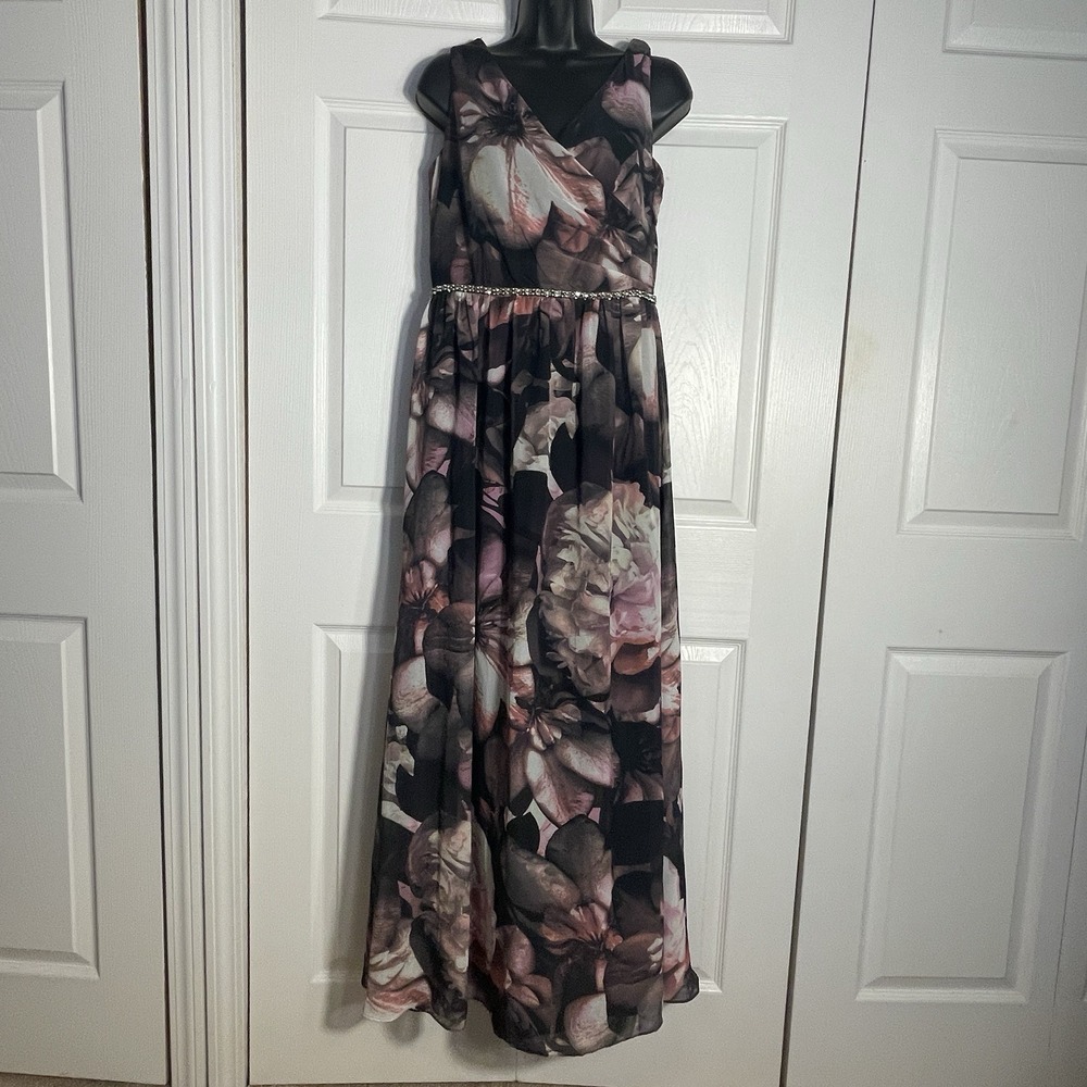 SLNY Fashions Floral Dress Women 8 Black Floral Sleeveless Rhinestone Waist Maxi